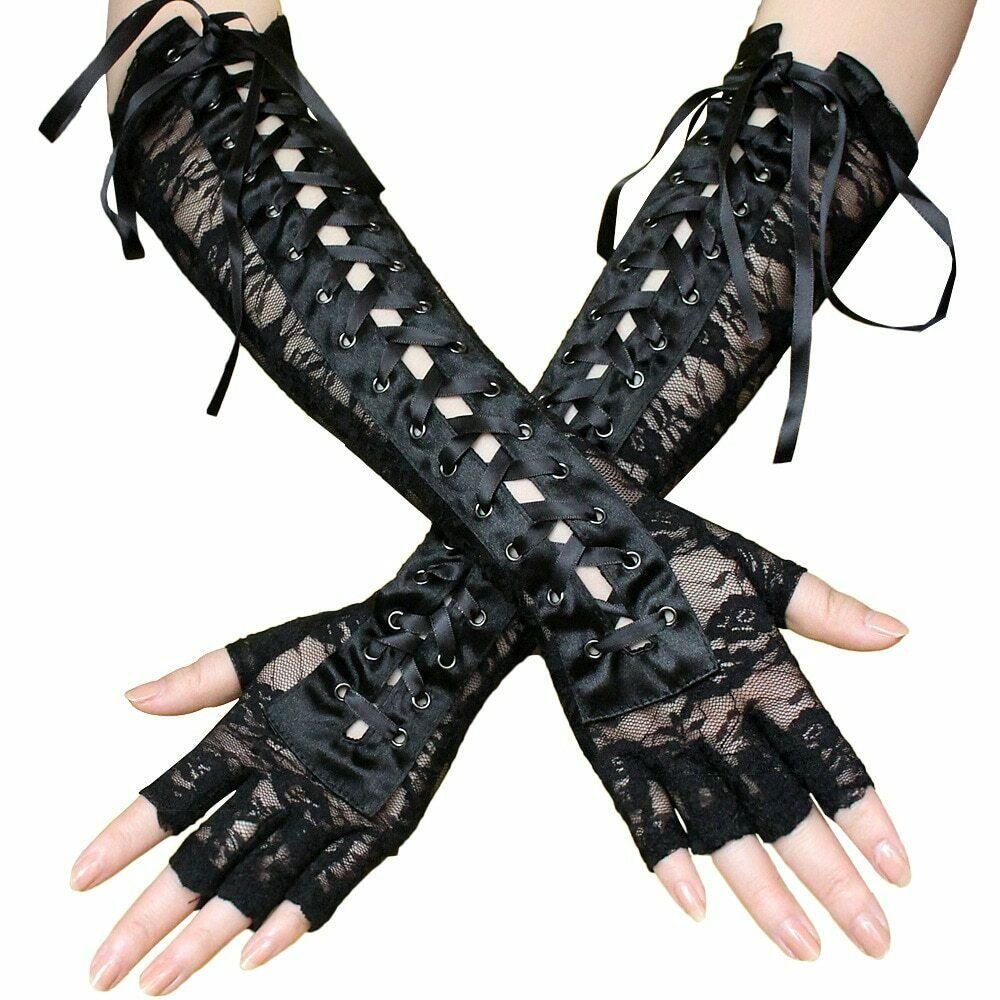 Long Gloves for Women Sexy Lace Elbow Length Half-finger Glove Ribbon Fingerless