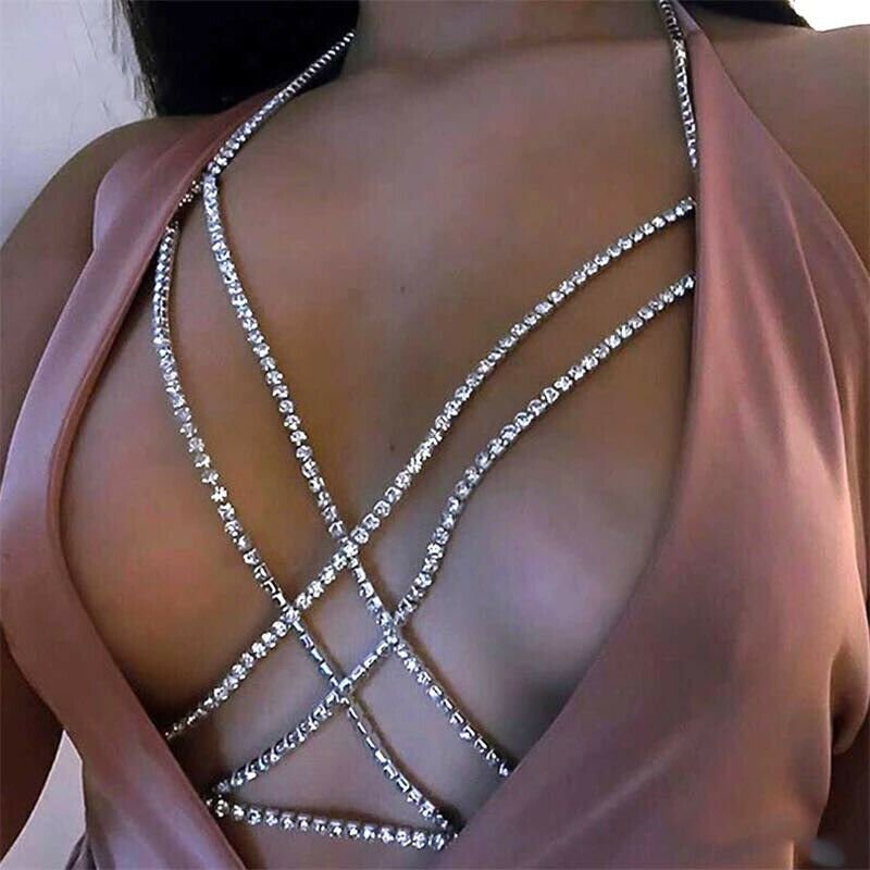 Sexy Rhinestone Open Chain Bra Shiny Crystal Body Jewelry for Women Bikini Top