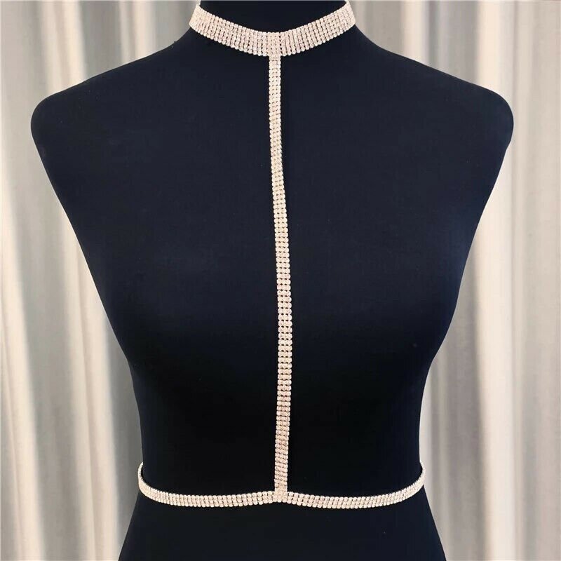 Sexy Rhinestone Open Chain Bra Shiny Crystal Body Jewelry for Women Bikini Top