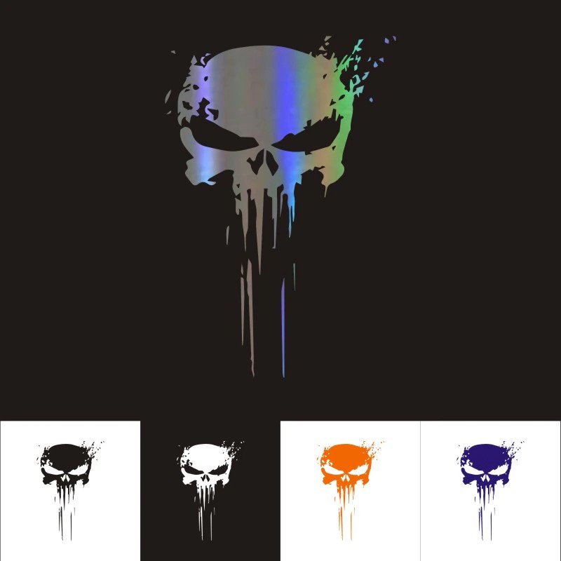 Punisher Skull Sticker Reflective Foil Holographic Decals for Car, Helmet, Skate