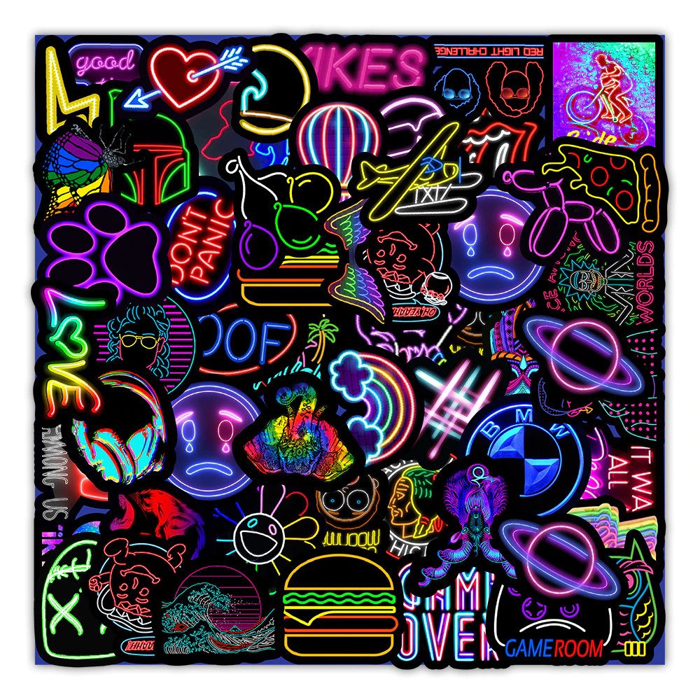 Neon Cartoon Graffiti Stickers Bike Skateboard Fridge Laptop Waterproof Decals 50 Piece
