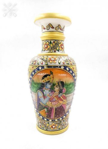 Hand Painted Marble Flower Vase Pot Gold Floral Painting Home Decor Gift Art