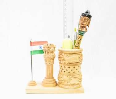 Handmade Solid Wooden Pen holder Ashoka Pillar Statue Home Table Office Decor