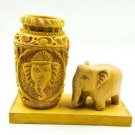 Handmade Wooden Pen holder Ganesha Idol Face Carved Elephant Statue Office Decor