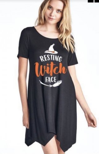 Womens Resting Witch Face Tshirt Funny Halloween Broomstick Dress Tee Size Large
