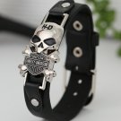 Harley Motorcycle Leather Bracelet Men Adjustable  Skeleton Cross Bracelet