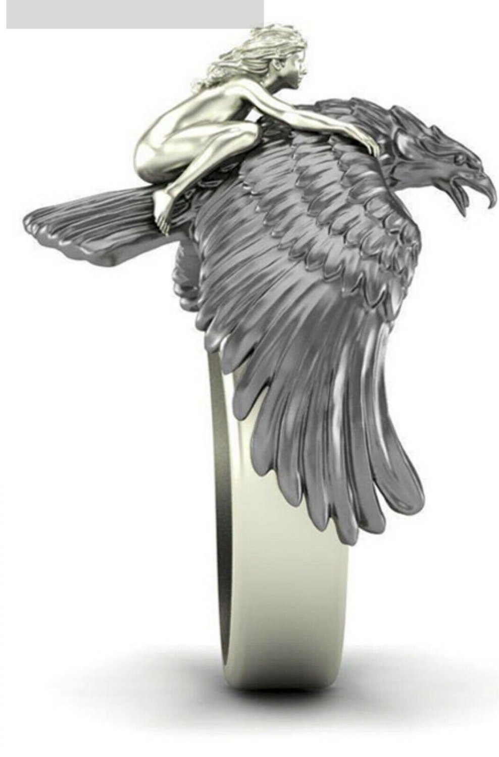 Mythology Three dimensional Gold Flying Eagle Angel Trainer Naked Ring, silver