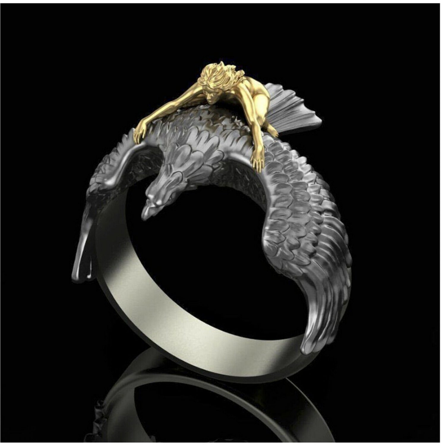 Mythology 3D Three dimensional Gold Flying Eagle Angel Trainer Naked Ring