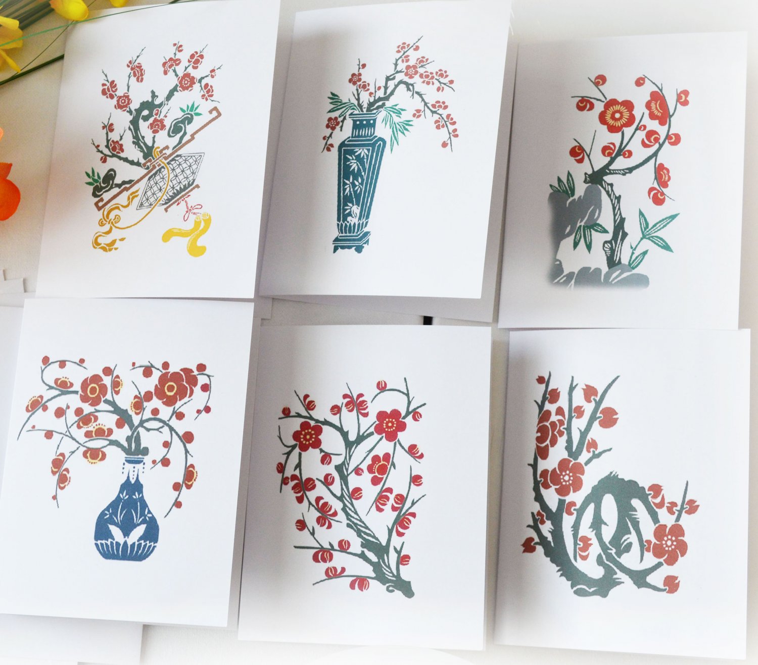 Plum Blossom Floral Notecard Set of 6 - Folded Note Card