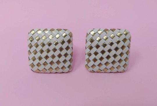 1980s Vintage Leather Square Gold and White Clip On Earrings