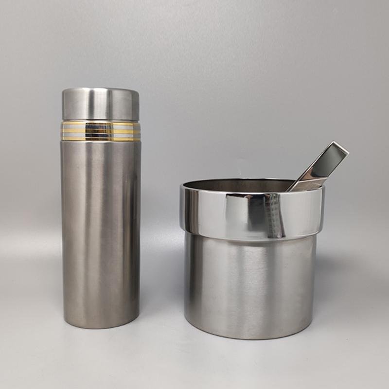 1970s Cocktail Shaker in Gold 24K and Stainless Steel With Ice Bucket by Piazza. Made in Italy