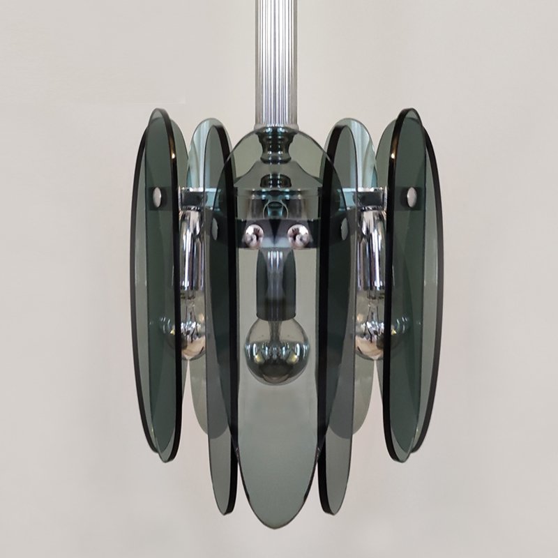1970s Gorgeous Grey Smoked Chandelier by Veca in Murano Glass. Made in Italy