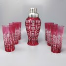 1960s Gorgeous Red Bohemian Cut Crystal Glass Cocktail Shaker With Six Glasses. Made in Italy