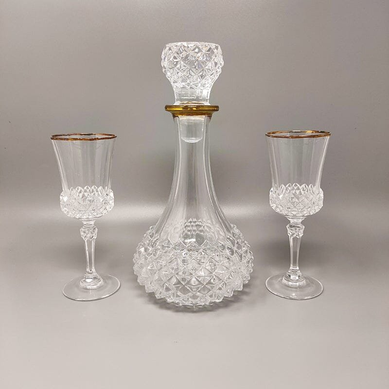1960s Gorgeous Crystal Decanter with 2 Crystal Glasses. Made in Italy
