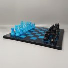 1970s Astonishing Blue and Black Chess Set in Volterra Alabaster Handmade. Made in Italy