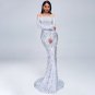 Women Off Shoulder Feather Long Sleeve Floor Length Sequin Evening Party Maxi Dress