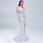 Women Off Shoulder Feather Long Sleeve Floor Length Sequin Evening Party Maxi Dress