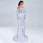 Women Off Shoulder Feather Long Sleeve Floor Length Sequin Evening Party Maxi Dress