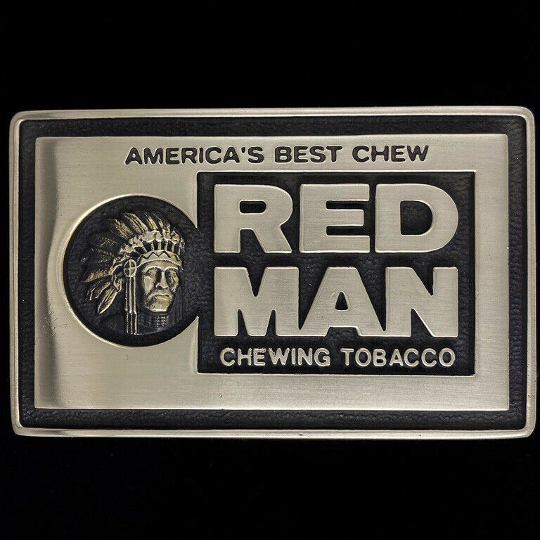 Red Man Chew Chewing Tobacco Western Cowboy Brass 1980s Vintage Belt Buckle