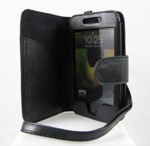 Leather Wallet Carrying Case for Apple iTouch 2 (2nd Gen) - Black