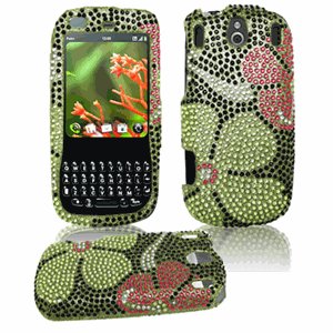 Hard Plastic Design Gem Bling Case for Palm Pixi - Green Flowers