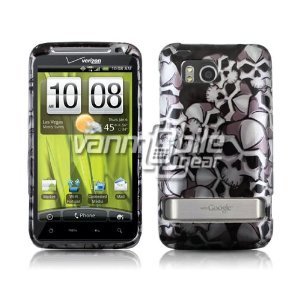 BLACK SILVER SKULLS GLOSSY DESIGN CASE + Screen Protector + CAR CHARGER FOR HTC THUNDERBOLT