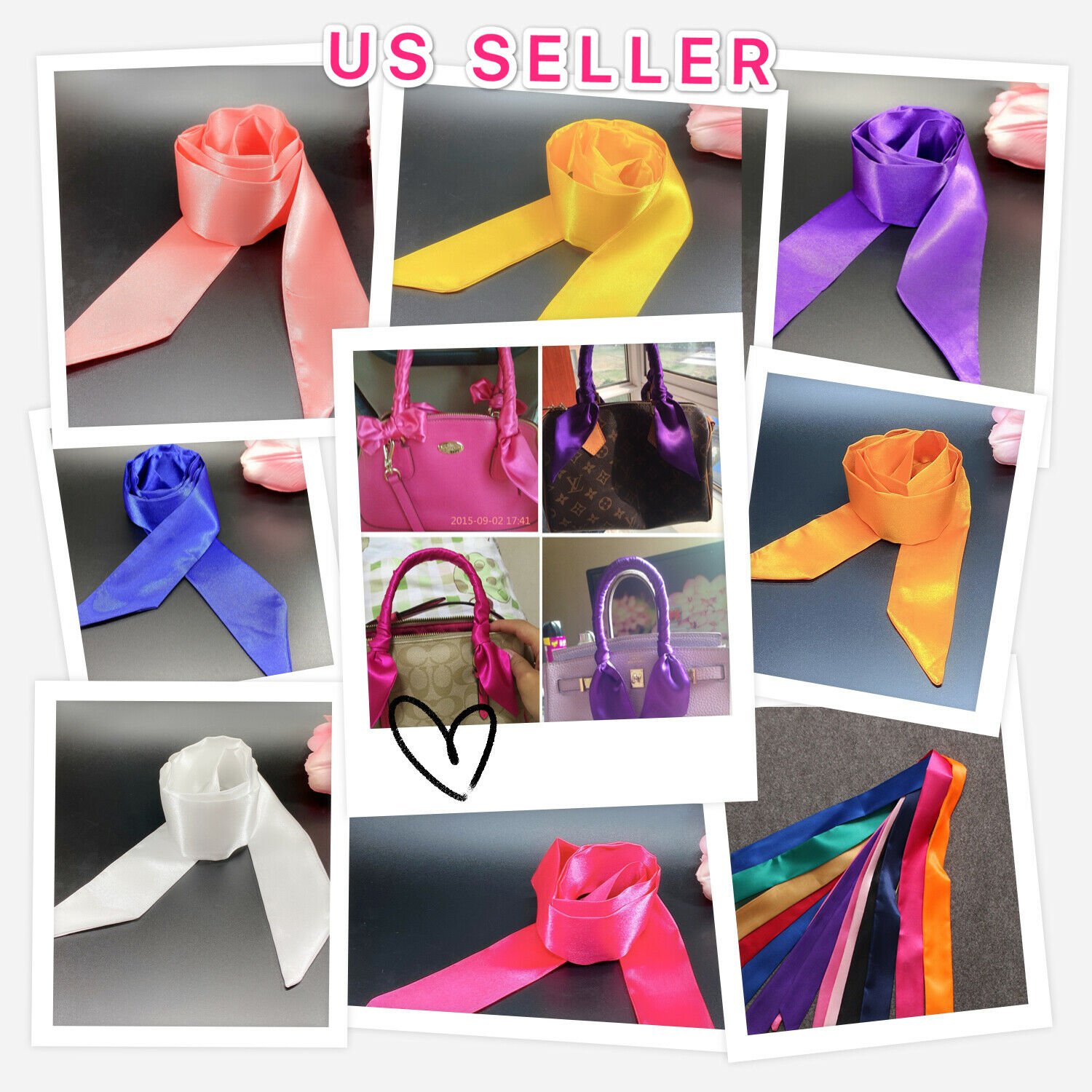 Silk Like Twilly scarf Solid Color Handbag Handle Wrap Purse Scarves Bow Ribbon