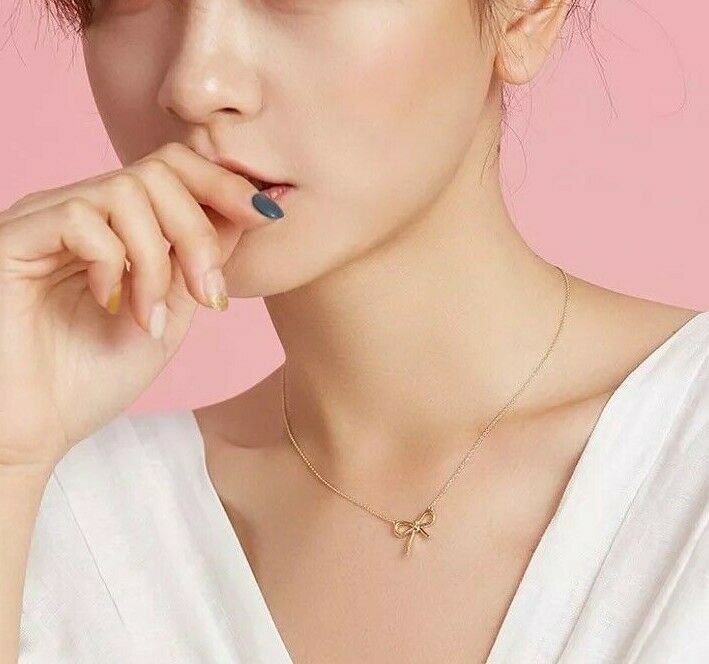14K Gold Coated Silver Necklace Bow Choker Simple Accent Elegant Miniature