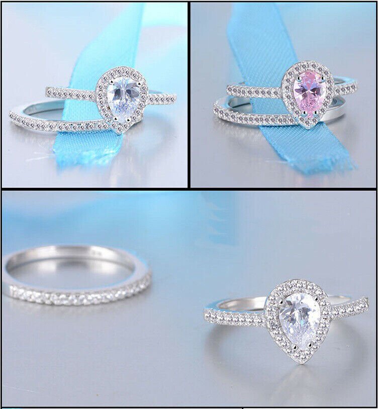Sterling Silver Solitaire Halo Engagement Ring Band Set Pear Cut CZ w/ Gift Box