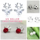 Women Christmas Reindeer Tree Snowflake Silver Pearl Gemstone Stud Earrings