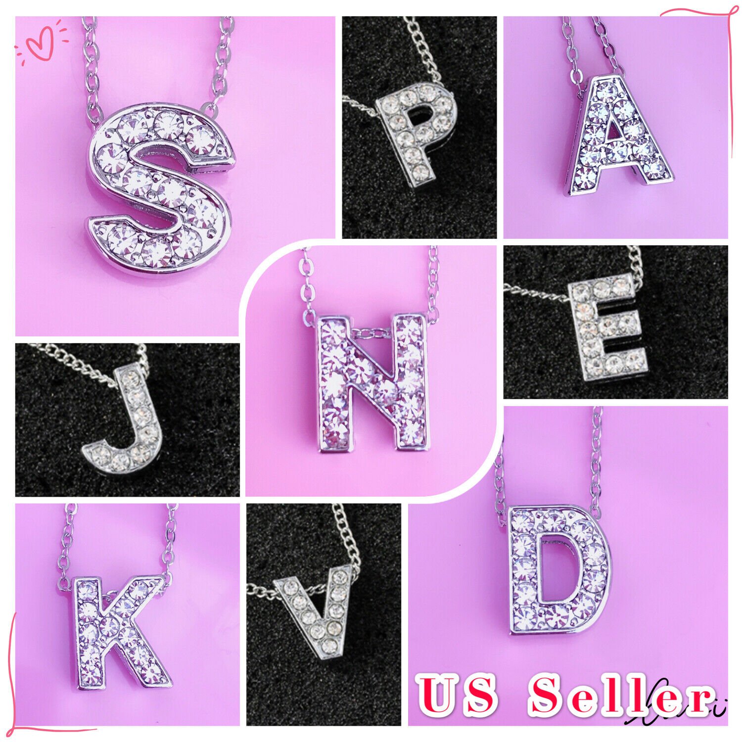 Silver Tone Alphabet Initial Letter Charm Necklace, CZ Pendant Birthday, Name,