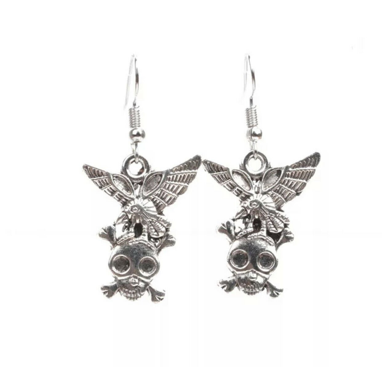 HALLOWEEN DANGLE EARRINGS SILVER HOOK SPOOKY SKULL ANGLE EVIL-BUY 2 GET 1
