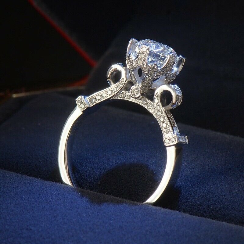 Solitaire Silver Halo Engagement Ring 2 Ct Flower Round CZ Stamped