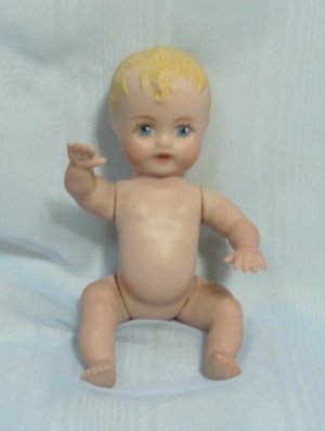 All Porcelain Tiny Baby Doll:  Painted Hair and Eyes,  Sits or Lies, 6" Tall, Ready to Dress