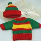 Red, Yellow, & Green Striped Knitted Sweater/Hat Set for Tiny Doll, Cute as a Button!