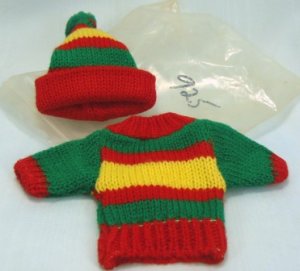 Red, Yellow, & Green Striped Knitted Sweater/Hat Set for Tiny Doll, Cute as a Button!