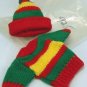 Red, Yellow, & Green Striped Knitted Sweater/Hat Set for Tiny Doll, Cute as a Button!