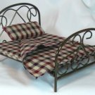 Great Antiqued Brass Bed, Plaid Bedding, Town Square Miniatures NIB Piece, NOS