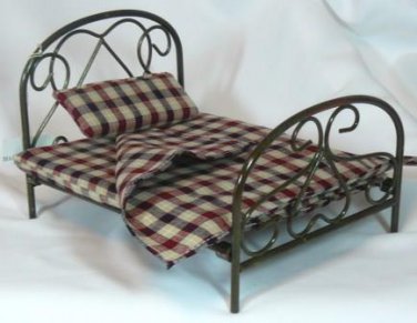 Great Antiqued Brass Bed, Plaid Bedding, Town Square Miniatures NIB Piece, NOS