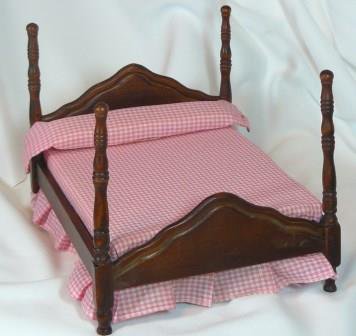 Miniature 4 Poster Bed and Night Stand Set, Tiny Pink Checked Bedding, NOS, NIB
