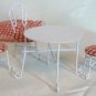 White Painted Metal "Wrought Iron"Patio Table/Chairs w/Red Checked Cloth