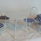 White Painted Metal "Wrought Iron"Patio Table/Chairs w/BlueChecked Cloth