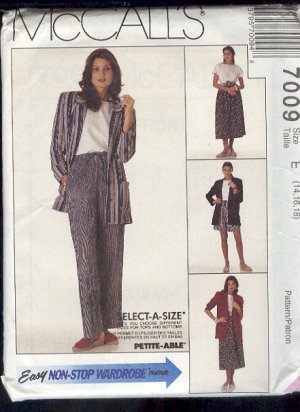 McCall's Sewing Pattern 7009 Unlined jacket, top, pants, skirt and shorts, Size 14 16 18
