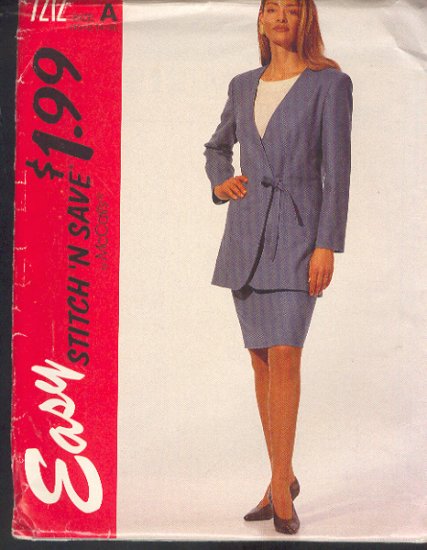 McCall's Sewing Pattern 7212 Suit, Unlined jacket and skirt, Size 10 thru 16