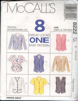 McCall's Sewing Pattern 8222 Wesket Top in eight versions, Size 10 12 14