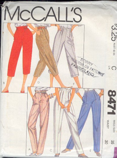 McCall's Sewing Pattern 8471 Pants, Six variations, Size 16