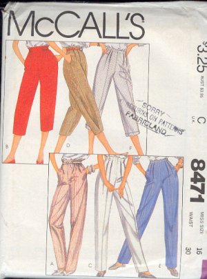 McCall's Sewing Pattern 8471 Pants, Six variations, Size 16