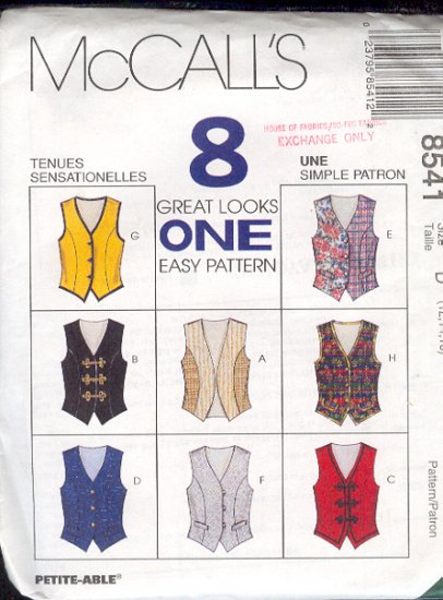 McCall's Sewing Pattern 8541 Vests, Eight Variations, Size 12 14 16
