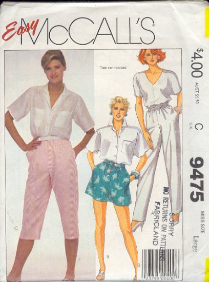 McCall's Sewing Pattern 9475 Pants, Shorts and Kneepants, Size 18 20