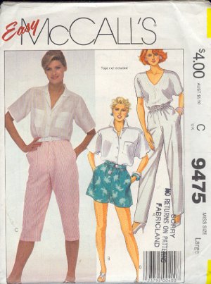 McCall's Sewing Pattern 9475 Pants, Shorts and Kneepants, Size 18 20